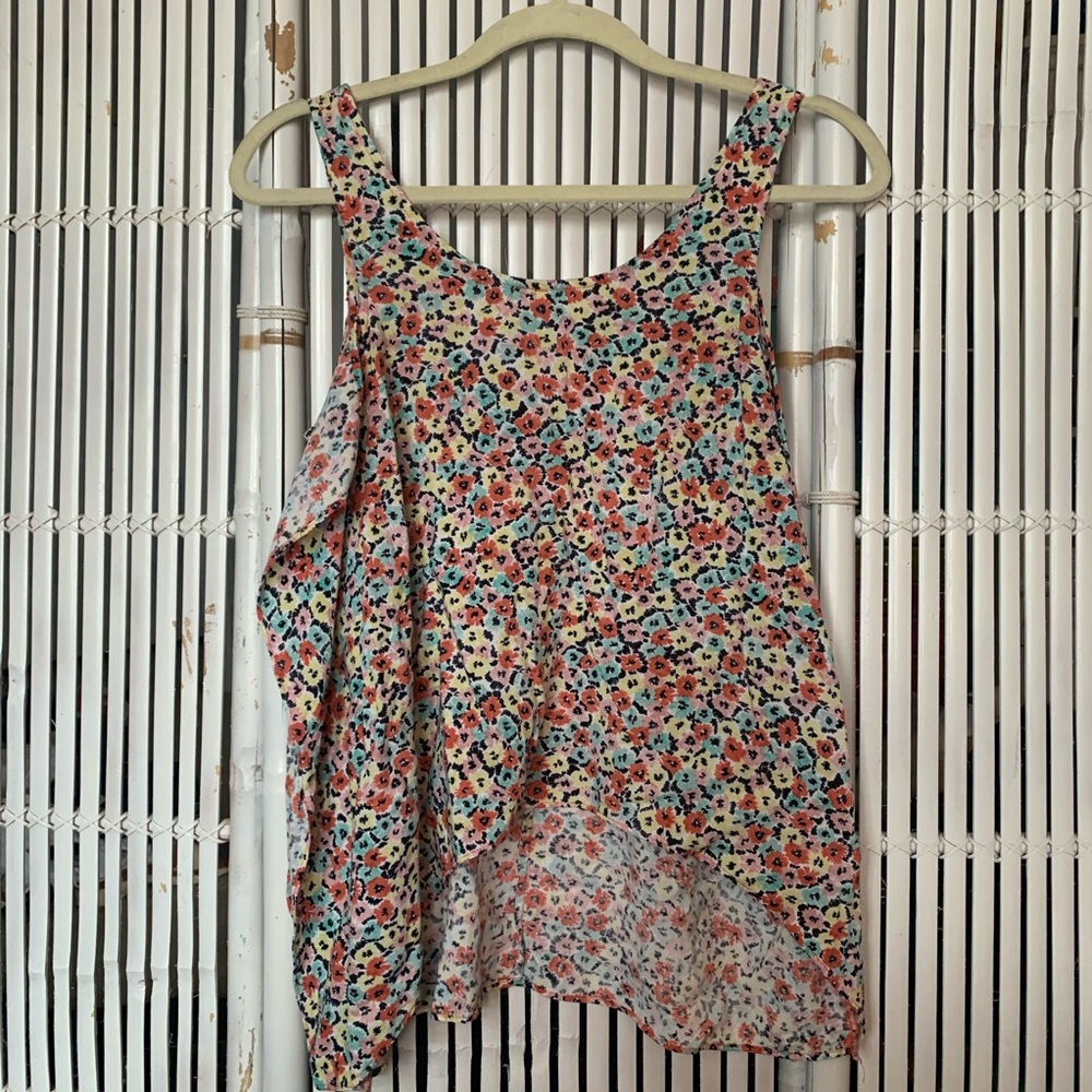 BCBG Pink Floral High-Low Ruffle Tank Top